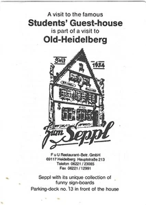 Vintage Germany Advertising Old Heidelberg Seppl Students Guest House Restaurant - Picture 1 of 3