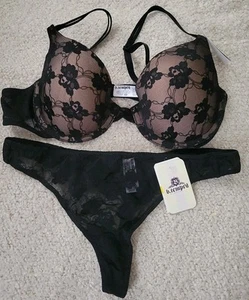 Conjunto de bragas sujetador b.tempt'd sexy push up negro encaje tanga panty UW acolchado 36B M nuevo con etiquetas - Imagen 1 de 12