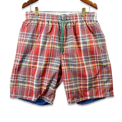 Land's End Reversible Red Plaid & Solid Blue Stretch Swim Trunks Men's M - Image 1 of 4