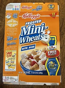 Mini caja de cereales Kellogg’s Frosted Wheats 2002 tamaño mordida - reloj Bart Simpson - Imagen 1 de 4