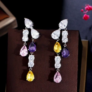 Eleganter CZ Multicolor langer Tropfen versilbert baumelnder Ohrring für Frauen Weihnachten - Bild 1 von 11