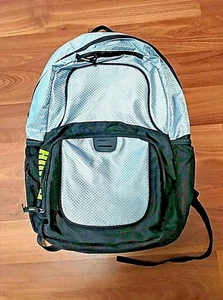 PUMA BACKPACK SILVER METALLIC GREEN WRITING NICE ZIPPERED POCKETS SCHOOL COLLEGE - Picture 1 of 8