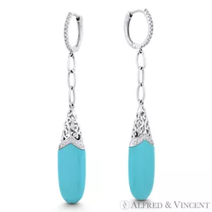 10.21ct Blue Turquoise & Round Cut Diamond Dangling Drop Earrings 14k White Gold - Picture 1 of 1