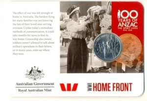 AUSTRALIANO: 2015 ANZACS recordado - Moneda australiana de 20 centavos - Primera Guerra Mundial - Frente interno - Imagen 1 de 2
