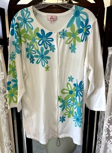 Quacker Factory Size 2X White Cardigan Blue Green Flower Print NWT - Picture 1 of 5