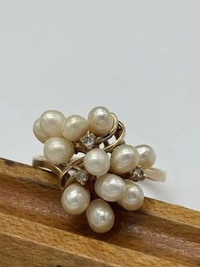 Anello vintage in oro massiccio 14 carati con diamanti e perle a grappolo barriera corallina - misura 7,5 - Foto 1 di 9