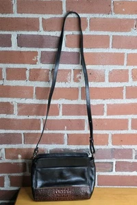 Vintage Women's Brahmin Crossbody Bag Black Leather Pecan Croc Embossed Bottom - Picture 1 of 11