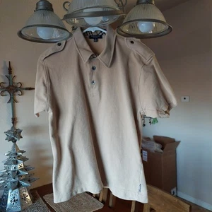 Burberry London Tan Cotton Mesh SS Polo Wom Sz M Novacheck Trim Epaulettes - Picture 1 of 11