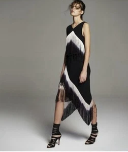 Willow 100% silk slip dress in black with cream/indigo fringing size M/UK10 - Picture 1 of 13