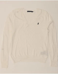 RALPH LAUREN Womens V-Neck Jumper Sweater UK 16 Large White Cotton QX08 - Picture 1 of 4