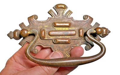 Antique Solid Brass Drawer Pull Handle Ornate Gothic Revival Victorian 6” x 3.5” - Image 1 of 4