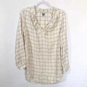 Aerie Small Long Sleeve Beige Ruffle V-neck Tunic Top Blouse Metalic Checkered - Picture 1 of 4