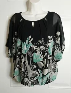 ALFANI Black Floral Scoop Neck Dolman Sleeve Blouson Tunic Top Blouse Size XS - Picture 1 of 5