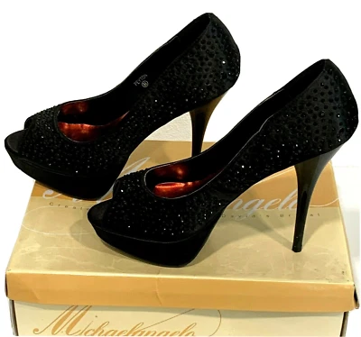 Zapatos de salón Michaelangelo Peyton negros brillantes plataforma tacón de aguja punta abierta talla 8,5 Foto 1 de 4