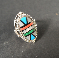 Zuni Sterling silver ring turquoise malachite coral mother of pearl inlay women