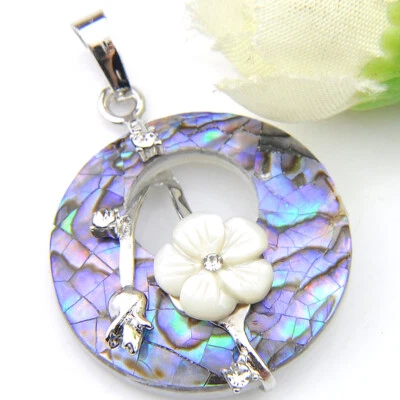 Rainbow Handmade Abalone Shell Flower Carved Shell Gems Silver Necklace Pendant - Image 1 of 4