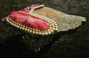 Ruby Zoisite Slab Agate Crystal Rhinestone Avant Garde Statement Cuff Plus Size - Picture 1 of 12
