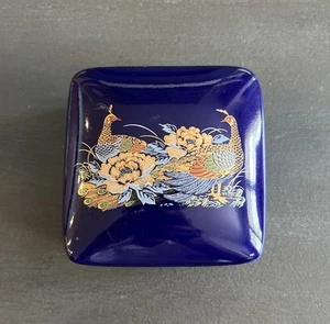 Vintage Asahi Japan Cobalt Blue Peacock & Floral Porcelain Trinket Jewelry Box - Picture 1 of 7