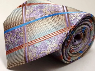 STACY ADAMS Handmade Microfiber Tie Brown Purple Teal Orange Plaid Necktie NEW - Image 1 of 4