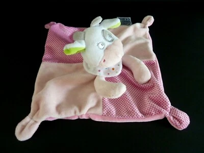 *. DOUDOU PLAT MOTS D'ENFANTS VACHE ROSE BANDANA BLANC VERT POIS ETAT NEUF* - Photo 1/3