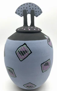 Art Pottery Jar / Urn with Lid Signed 10" Abstract Geometric Blue Black Purple - Picture 1 of 9