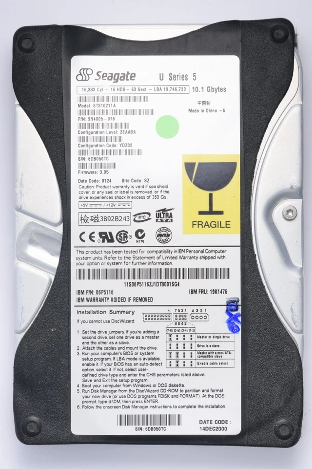 Seagate U Series 5 10GB IDE Desktop Hard Drive Model ST310211A P/N 9R4005-076 - Image 1 of 2