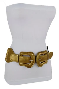 Women Cowgirl Belt Hip Gold Faux Leather Elastic Strap 2 Double Buckles Size M L - Picture 1 of 12