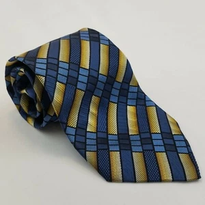 Herrenkrawatte Ziggurat Metallic Blau und Gold Streifenmuster 100% Seide  - Bild 1 von 5