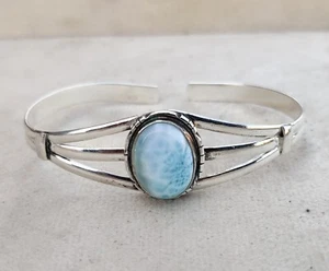 Natural Larimar Gemstone 925 Sterling Silver Beautiful  Adjustable Bangle SR2180 - Picture 1 of 4