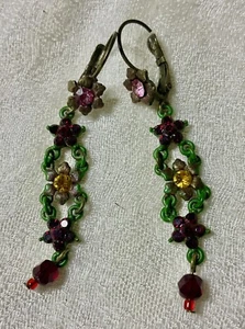 Vintage Brass Chain And Enamel Flower And Rhinestone Earrings Micheal Negran?  - Picture 1 of 2