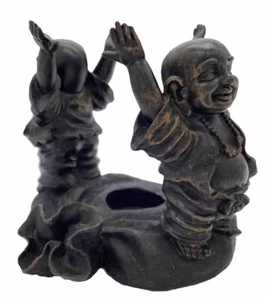 Vintage Twin Buddha Religious Alter Natural Black Resin Display Candle Holder - Picture 1 of 6