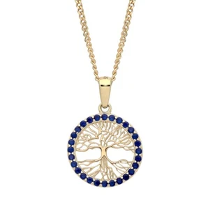 9ct Gold Sapphire Tree of Life REVERSIBLE Pendant Necklace + 18" Chain - Picture 1 of 7