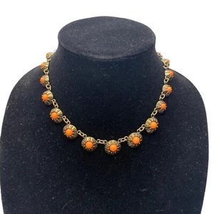 Gold Tone Coral Color Stones Pod Graduated Necklace Jewelry Gift Occasion - Picture 1 of 6