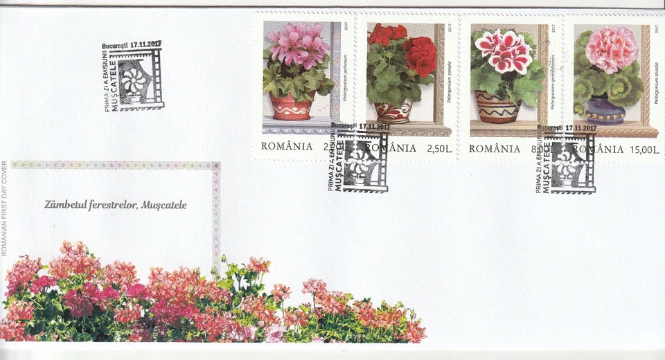 ROMANIA STAMPS 2017 MUSCATE GERANIUMS MNH FDC COVER FLOWERS  - Image 1 of 1