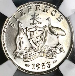 1953 NGC MS 65 Australia 6 Pence Elizabeth II Key Gem Silver Coin (17011701D) - Picture 1 of 6