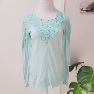 Free People Embellished Knit Top Studded Trim Long Sleeve Turquoise Medium Shirt - Picture 1 of 5
