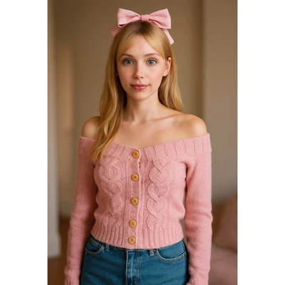 Cárdigan Abercrombie Y2K Lana Rosa Hombro Descubierto Suave Niña Coqueta Barbiecore XL Foto 1 de 4