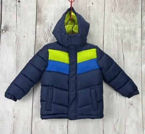 Okie Dokie Boy's Hooded Puffer Jacket Navy/Green 4T Full Zip Excellent Condition - Picture 1 of 16