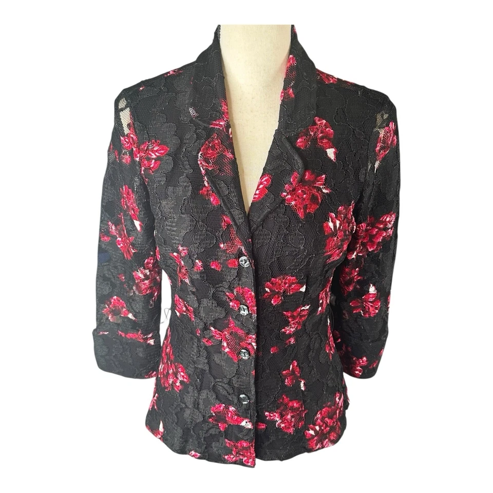 Chaqueta Blazer INC International Concepts Floral Rojo Negro Encaje Mujer’s Talla M Foto 1 de 4