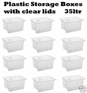 PLASTIC STORAGE BOX CONTAINER 35 LTR STACKABLE CLEAR TRANSPARENT BOXES WITH LIDS - Picture 1 of 7