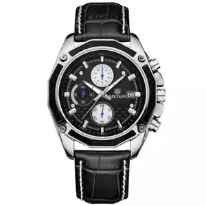 Reloj analógico redondo de cuarzo para hombre Megir negro plateado fecha relojes inteligentes cuero - Imagen 1 de 13