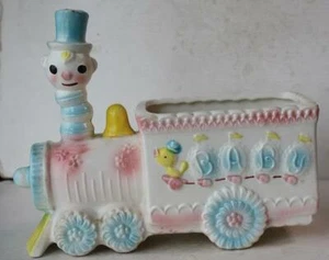 Train Figurine Baby Nursery Planter Flower Vase Ceramic Hand Painted Pink Blue - - Picture 1 of 1