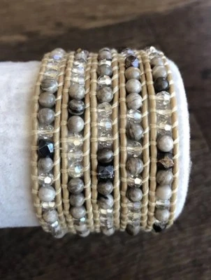 Nuevo Auténtico Brazalete Chan Luu Hoja de Plata Jaspe Mezcla Cinco Envolturas en Cuero de Pétalos Foto 1 de 4