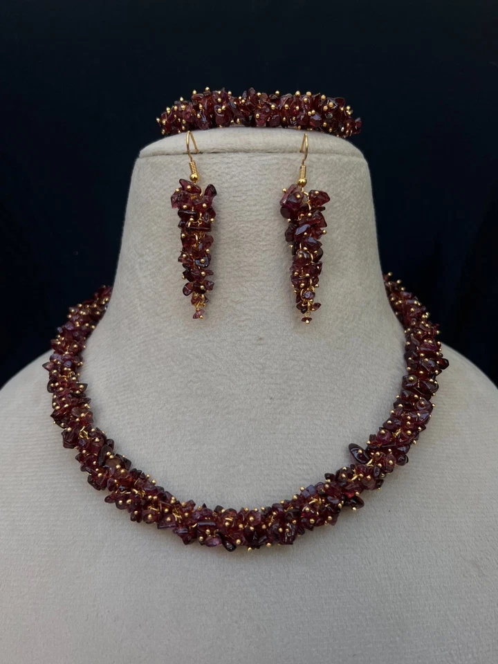 Conjunto de collar granate natural sin cortar 18" con pendientes y pulsera - Juego de joyas Foto 1 de 4