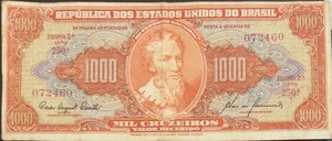 Brazil Banknote 1000 Cruzeiros 1963 - 2A/250a - Serial 072360. Rare Condition - Picture 1 of 2