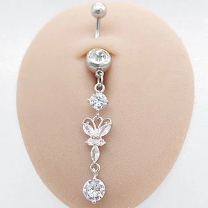 Belly Bars Button Piercing Bar Dangle Navel Body Jewellery Gem Ring Silver Gift - Picture 1 of 6