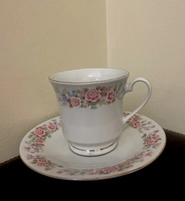 Taza de té y platillo vintage con borde dorado rosa floral auténtico hecho en China Foto 1 de 4