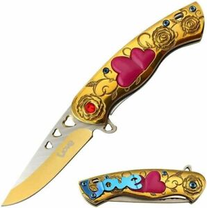 Cupid Heart Ladies Golden Assisted Open Pocket Knife LOVE Pocket Clip Beautiful