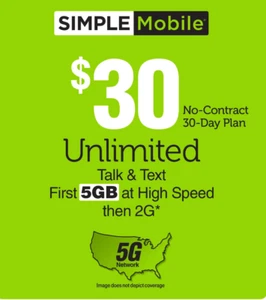 $30 SIMPLE MOBILE FAST REFILL | TOP UP - Picture 1 of 1