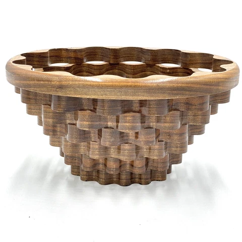 Handmade Wood Scroll Saw Scalloped Honeycomb Decorative Bowl Fruit Basket 10"x6" Cover